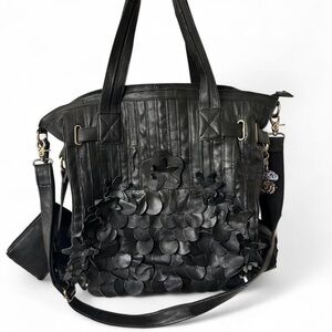Chic Black Leather Tote with Floral Accents